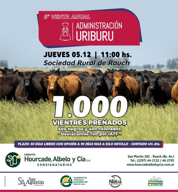 Remate en sociedad rural Rauch, Jueves 5 de Diciembre 